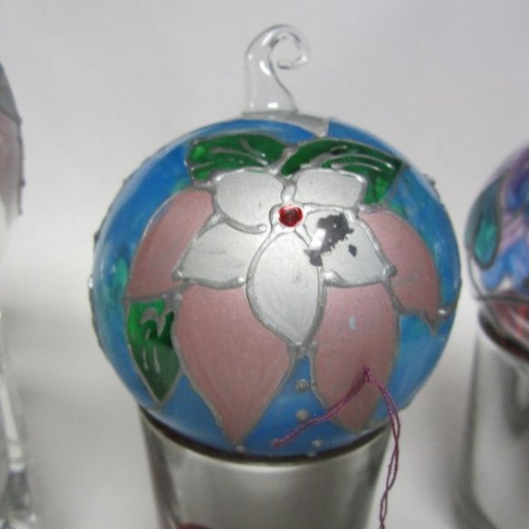 HAND PAINTED CLEAR BLOW GLASS ORNAMENTS W/FLORAL MOTIF EACH UNIQUE, SET OF 4 - Picture 8 of 12